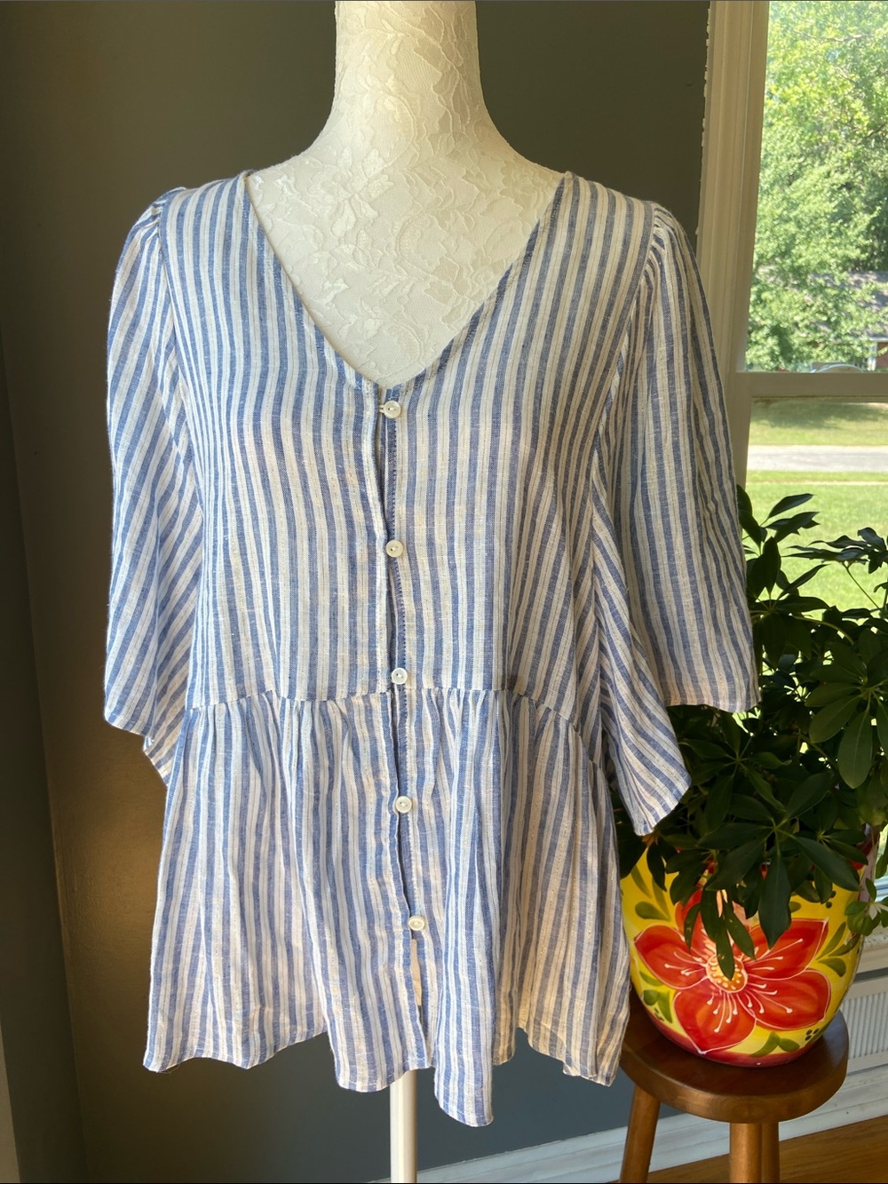 CATO Blue and White Striped Button-Front Peplum Top with Gold Stripe accent